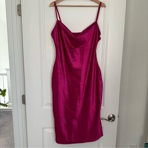 Sleek Pink Satin-like BodyCon Slip Dress with swoop neck